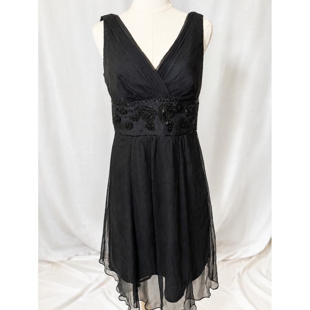 Monsoon Black Silk Chiffon Dress UK 10 Beaded Floral Y2K Romantic Goth US 10